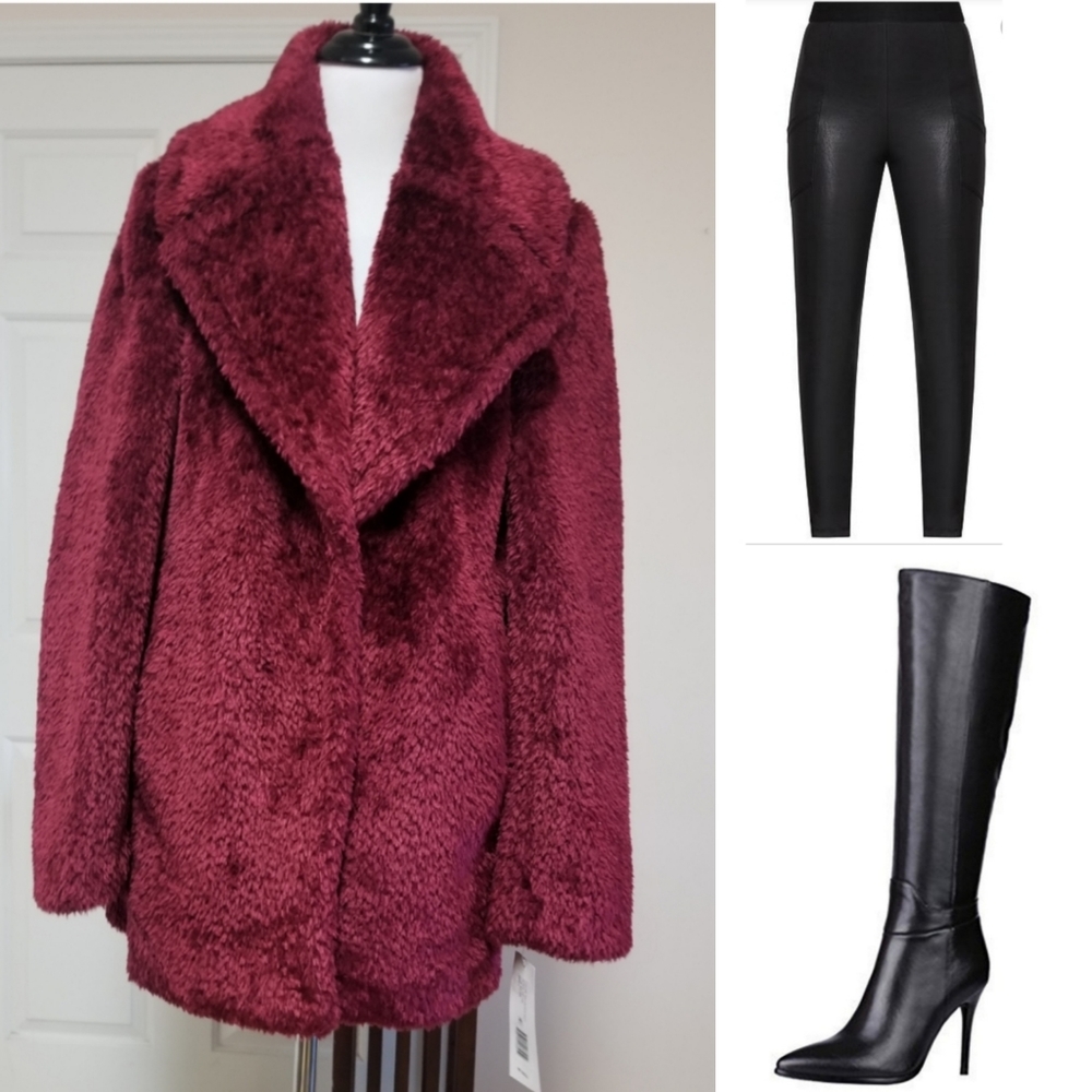🆕️⬇️🎉HOST PICK🎉 French Connection Burgundy Vegan Fur Coat - Picture 3 of 12